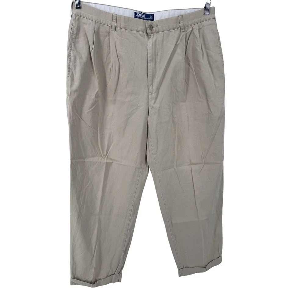 Polo Ralph Lauren Men's Khaki Pleated Chino Pants‎ Size 38x34 Spot on front see